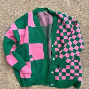 Green and Pink Checkered Women's Cardigan